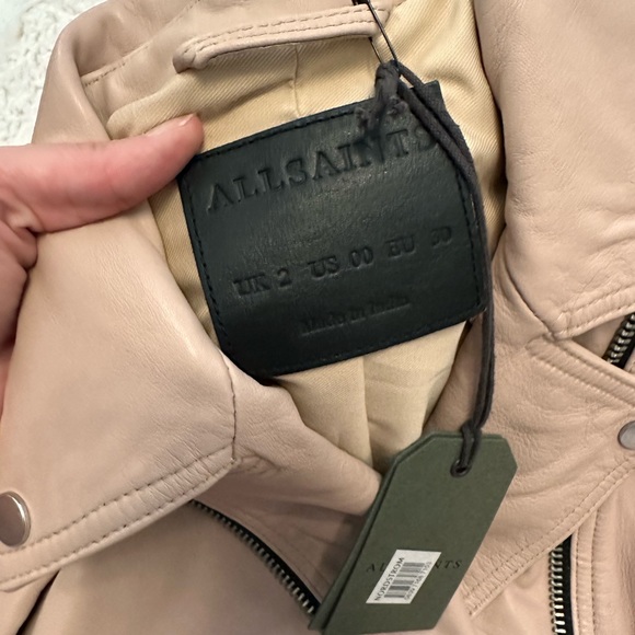 All Saints Dalby Leather Biker Jacket in Misty Pink - Picture 4 of 7